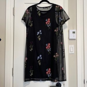 Embroidered Floral Mesh Dress with Slip